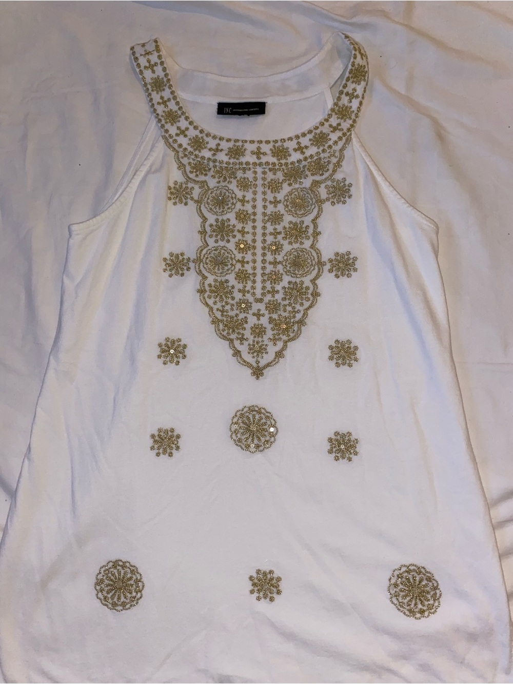 INC International Concepts White Tank with Gold Beaded Embellishment